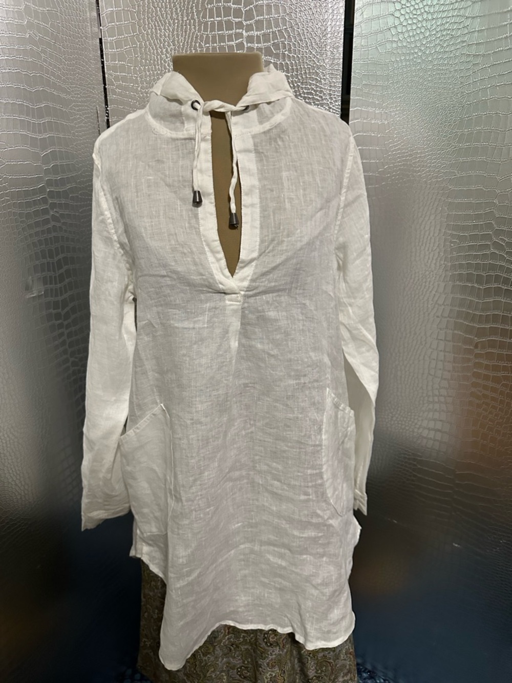 For Cynthia White Linen Hooded Tunic with Drawstring